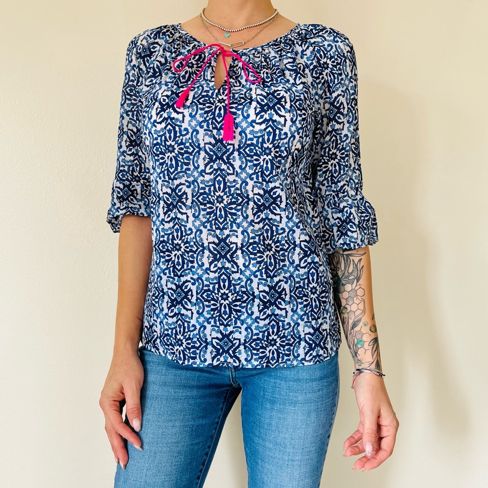 Milly For Design Nation Tassel boho bell sleeve Mosaic Tile Printed blouse Top